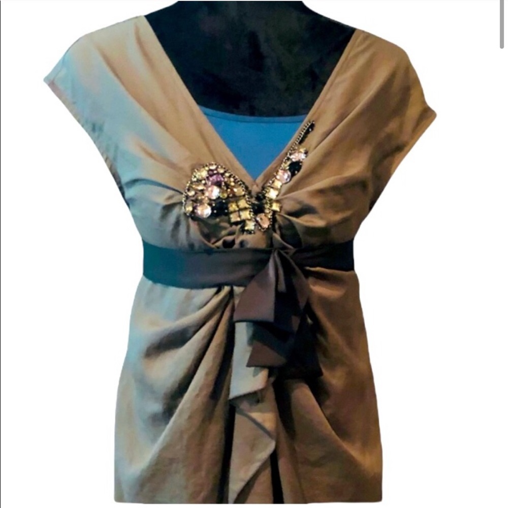 BNX Layered Dress Blue Slip Embellished Tie Waist & satin belt retail NWT $172 - Picture 5 of 12